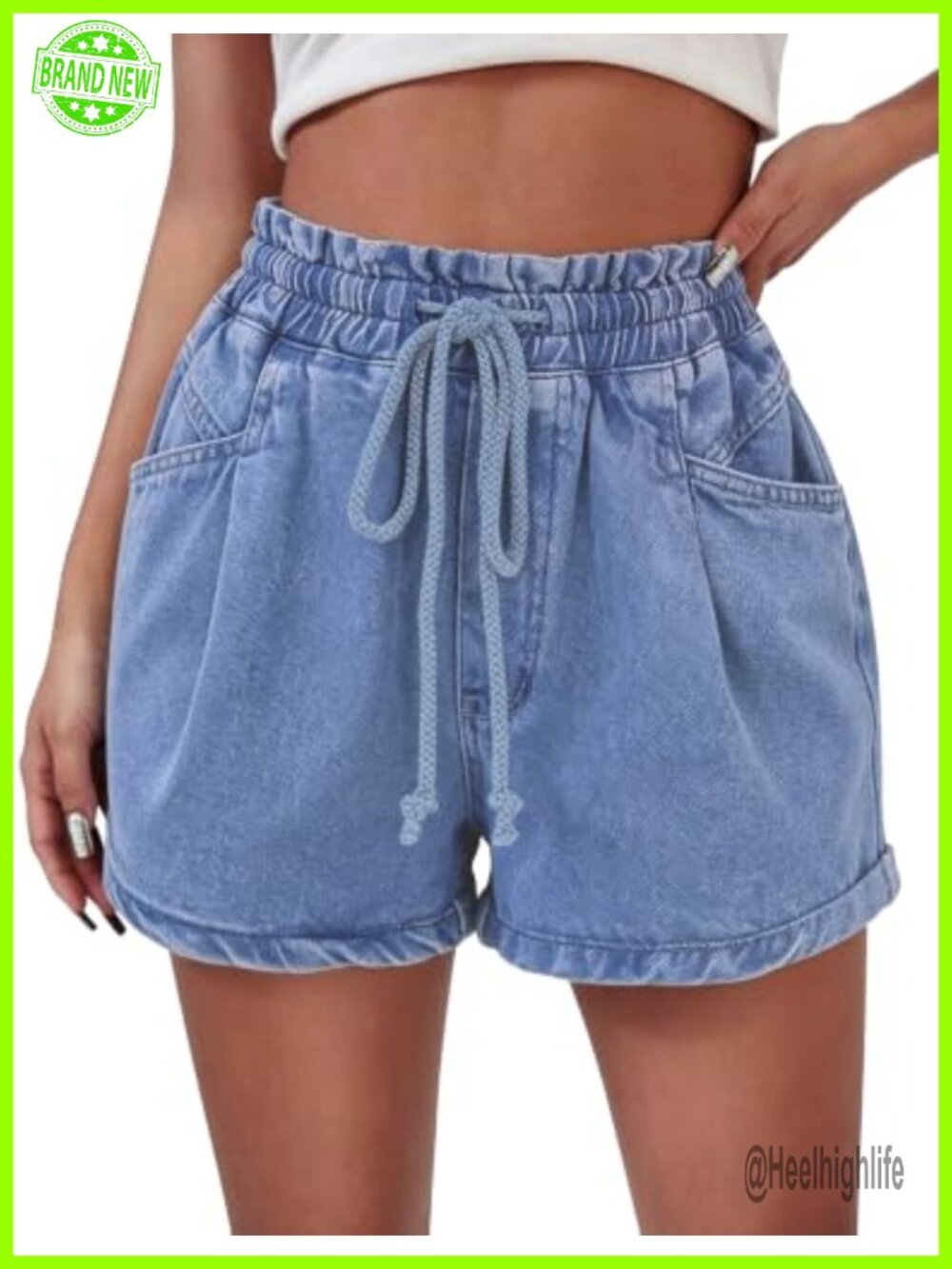 Pull On Denim Jean Shorts with Drawstring Elastic Waist, High Rise 4-Pocket